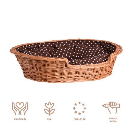 5. Icons highlighting features of wicker dog bed: handmade, eco-friendly, made in EU, timeless design