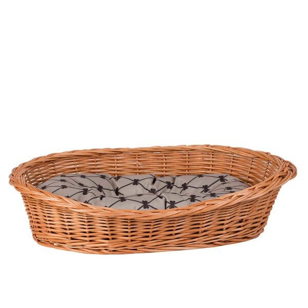4. Natural wicker dog bed with removable beige cushion, displayed on white background