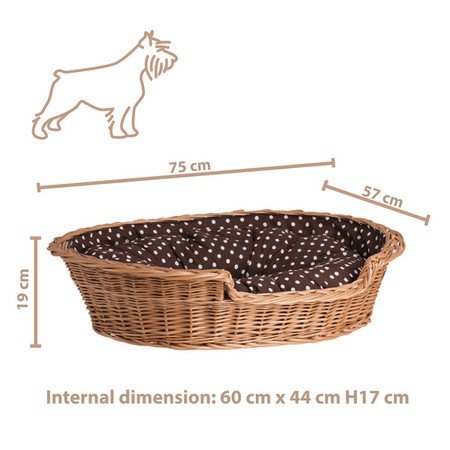 5. Dimensions of wicker dog bed with illustration of dog, showing internal and external measurements