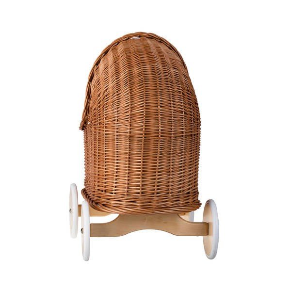 3. Back view of natural wicker doll pram with wooden wheels, highlighting smooth weaving