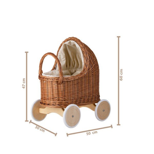 6. Size chart for natural wicker doll pram showing dimensions in centimeters