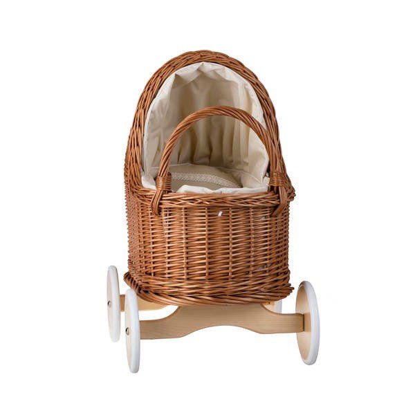 9. Front view of natural wicker doll pram with beige bedding and wooden wheels