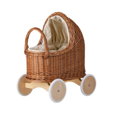 1. Natural wicker doll pram with beige bedding on wooden wheels, shown in a studio setting