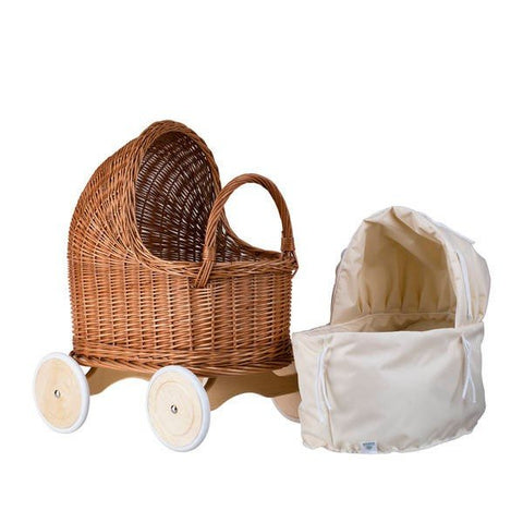 2. Natural wicker doll pram with removable beige bedding, displayed separately in a studio