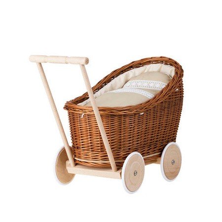 1. Natural wicker doll pram with beige bedding and wooden frame on white background