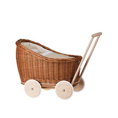 11. Natural wicker doll pram with beige bedding and wooden frame on white background