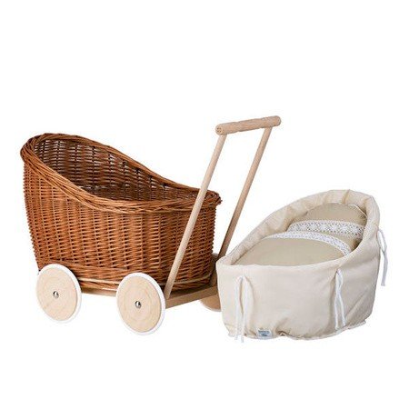 4. Natural wicker doll pram with removable beige bedding set beside it