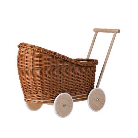 8. Natural wicker doll pram with beige bedding and wooden wheels on white background