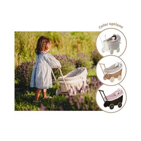 12. Girl pushing natural wicker doll pram with beige bedding in a field, with color options shown