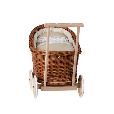 7. Rear view of natural wicker doll pram with beige bedding and wooden handle
