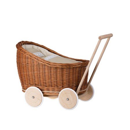 6. Natural wicker doll pram with beige bedding and wooden frame on white background