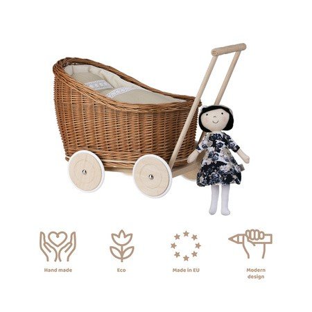 10. Natural wicker doll pram with beige bedding and a doll beside it, with icons for handmade, eco, EU made, and modern design