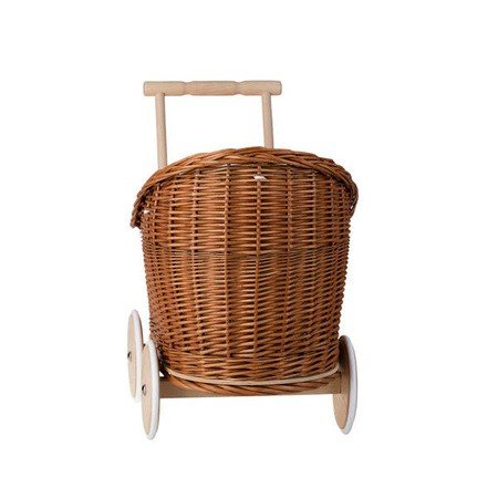 3. Front view of natural wicker doll pram with beige bedding and wooden handle