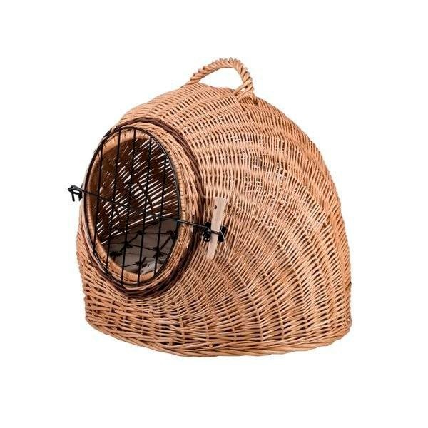 6. Angled view of wicker pet carrier with closed metal grille and visible cushion inside