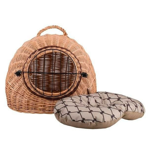 3. Wicker pet carrier with detached cushion featuring geometric design, metal grille closed