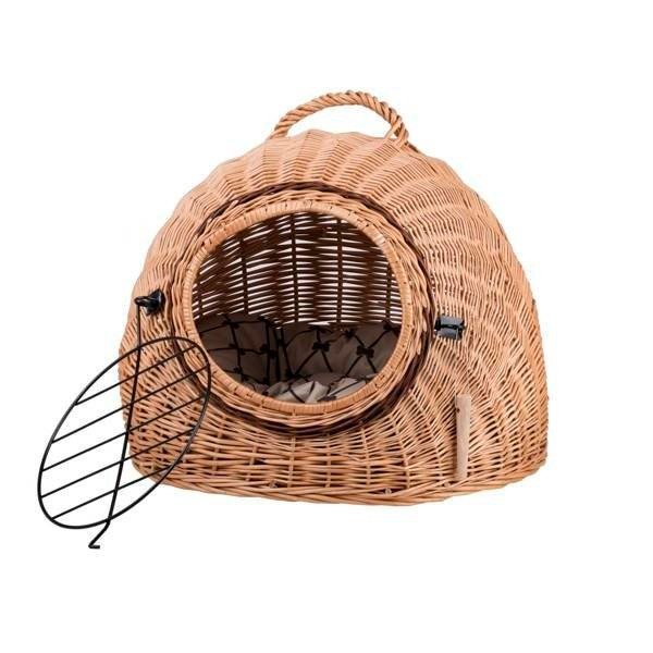 2. Wicker pet carrier with open metal door, showing interior cushion with geometric pattern