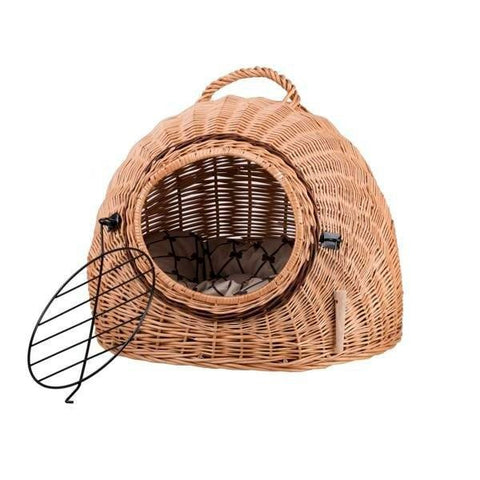 2. Wicker pet carrier with open metal door, showing interior cushion with geometric pattern