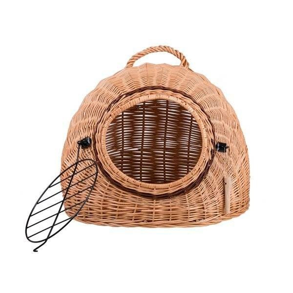 1. Natural wicker pet carrier with round entrance and metal grille, shown with open door and top handle