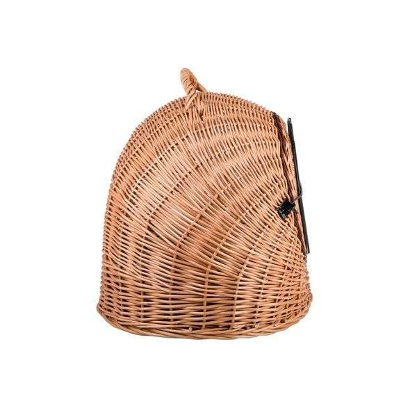 4. Side view of natural wicker pet carrier highlighting woven texture and top handle