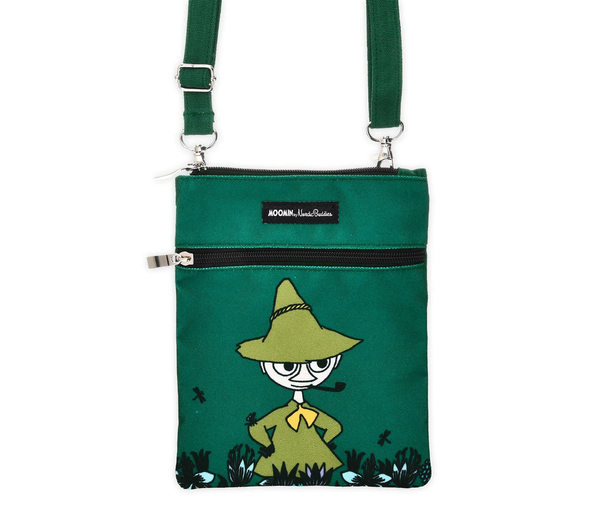 1. Moomin by NordicBuddies Snufkin's Thoughts neck bag in dark green, featuring Snufkin illustration, adjustable strap, and compact design, ideal for travel and daily use