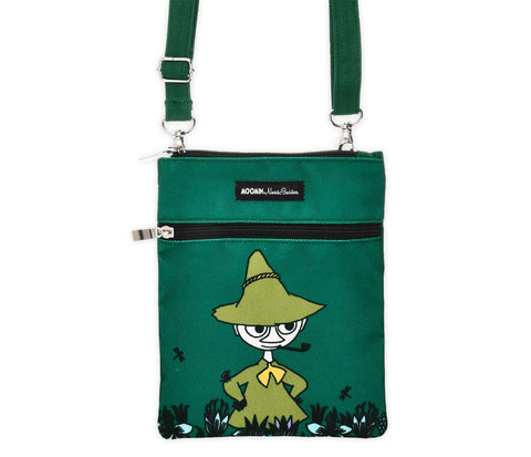 1. Moomin by NordicBuddies Snufkin's Thoughts neck bag in dark green, featuring Snufkin illustration, adjustable strap, and compact design, ideal for travel and daily use