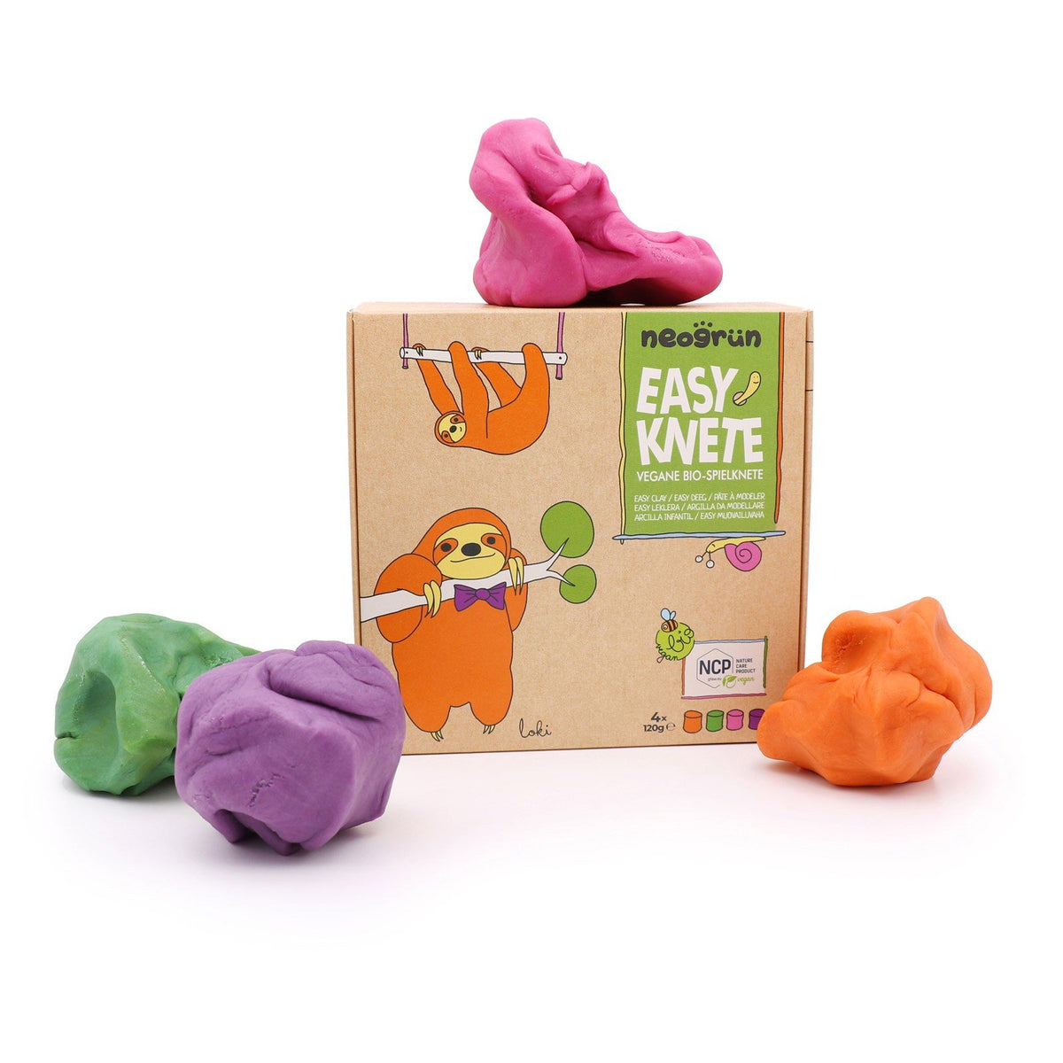 1. Neogrün Easy Clay set with orange, green, pink, and violet clay balls next to packaging featuring playful sloth illustrations