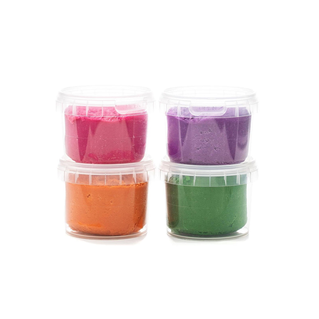 2. Four transparent containers of Neogrün Easy Clay in pink, violet, orange, and green stacked in two rows