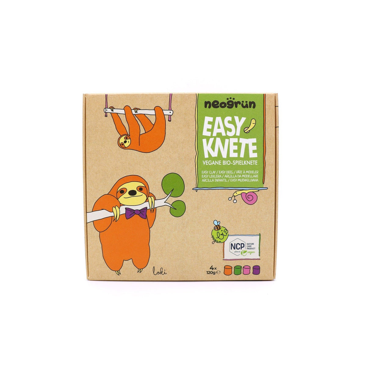 8. Neogrün Easy Clay packaging with sloth illustrations and product details on a brown box