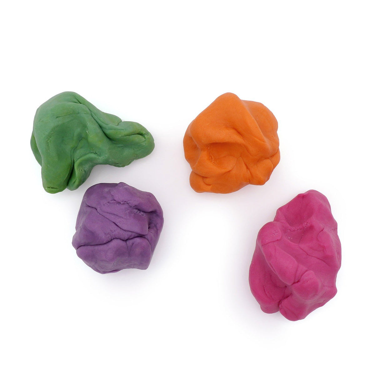 6. Neogrün Easy Clay in green, orange, violet, and pink balls on a white background