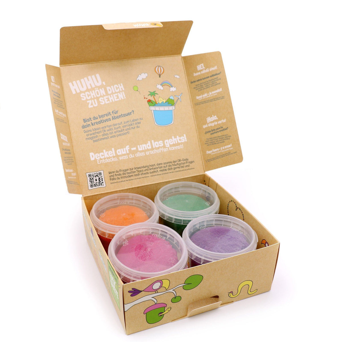 7. Open Neogrün Easy Clay box showing four containers of clay in pink, orange, green, and violet