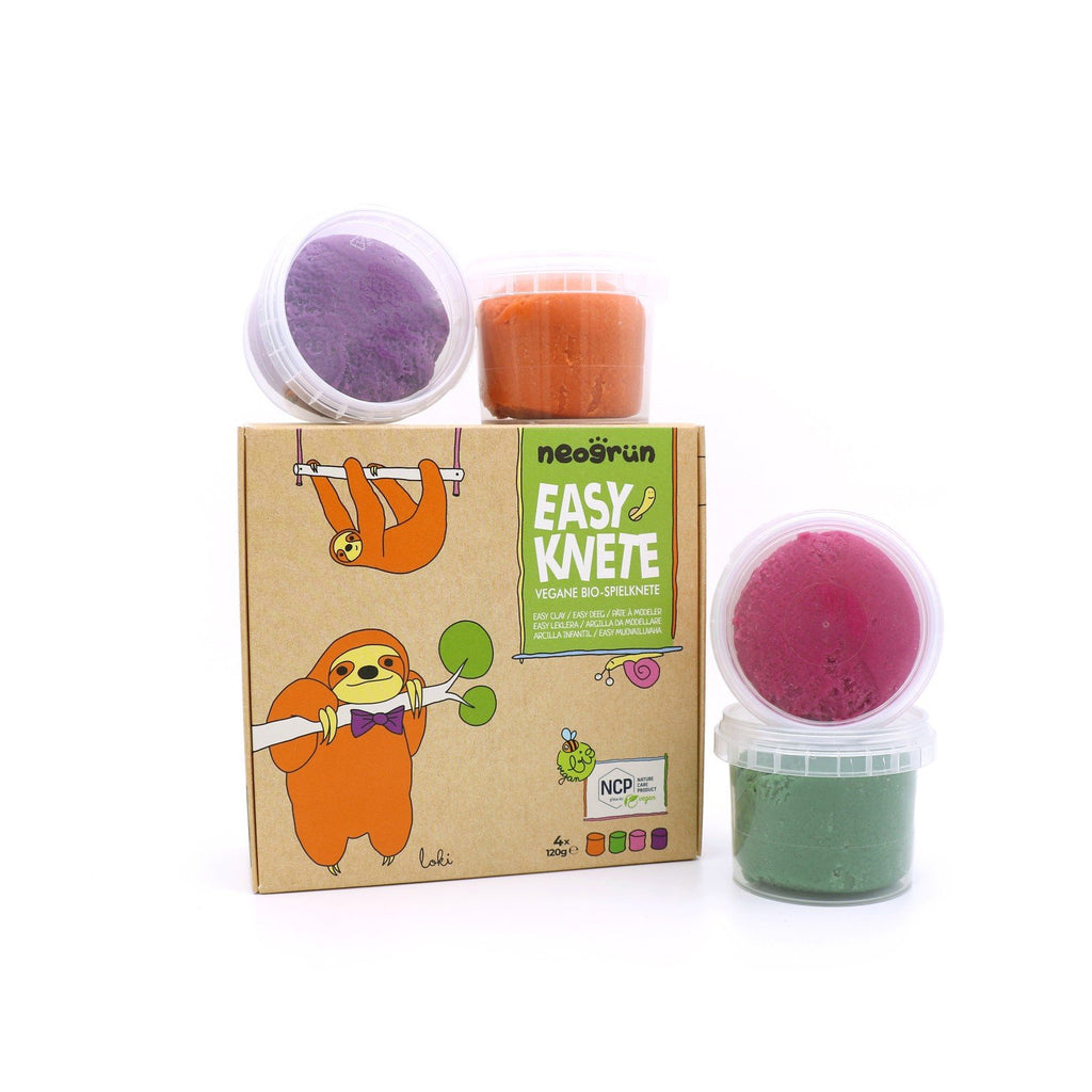 9. Neogrün Easy Clay set with packaging and four clay containers in pink, orange, green, and violet stacked