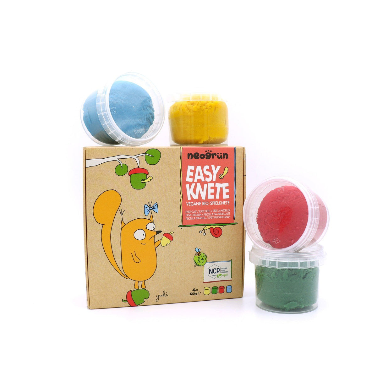 2. Neogrün Easy Clay set with packaging and four containers of clay in yellow, blue, red, and green