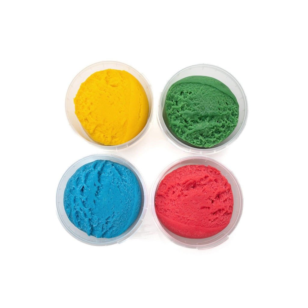 4. Flat lay of Neogrün Easy Clay in yellow, green, blue, and red in open containers showing texture
