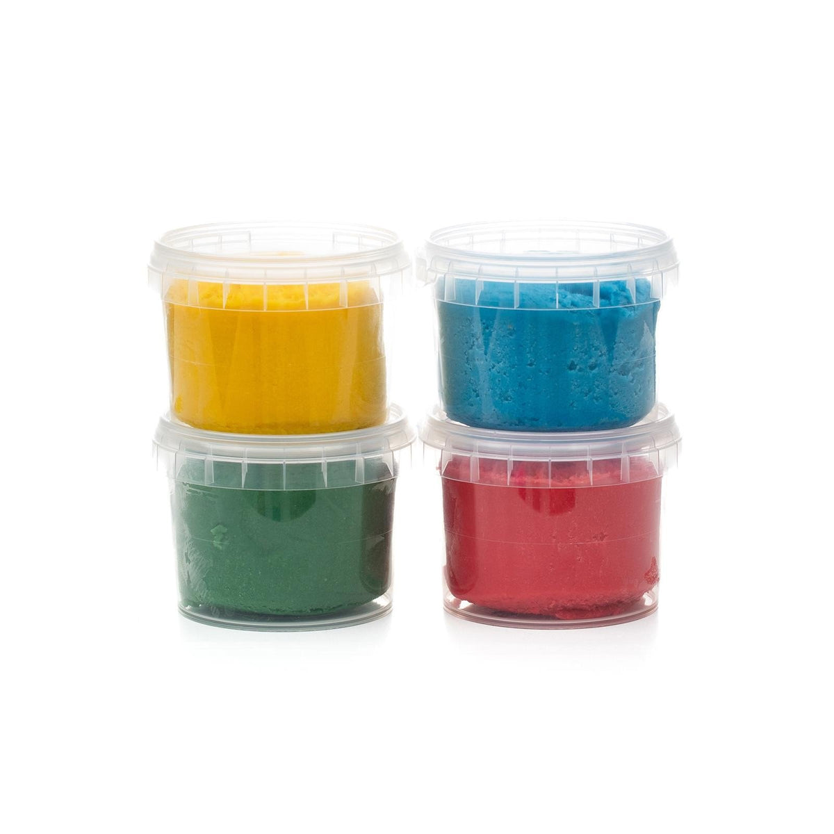 2. Four transparent containers of Neogrün Easy Clay in yellow, blue, green, and red stacked in two rows
