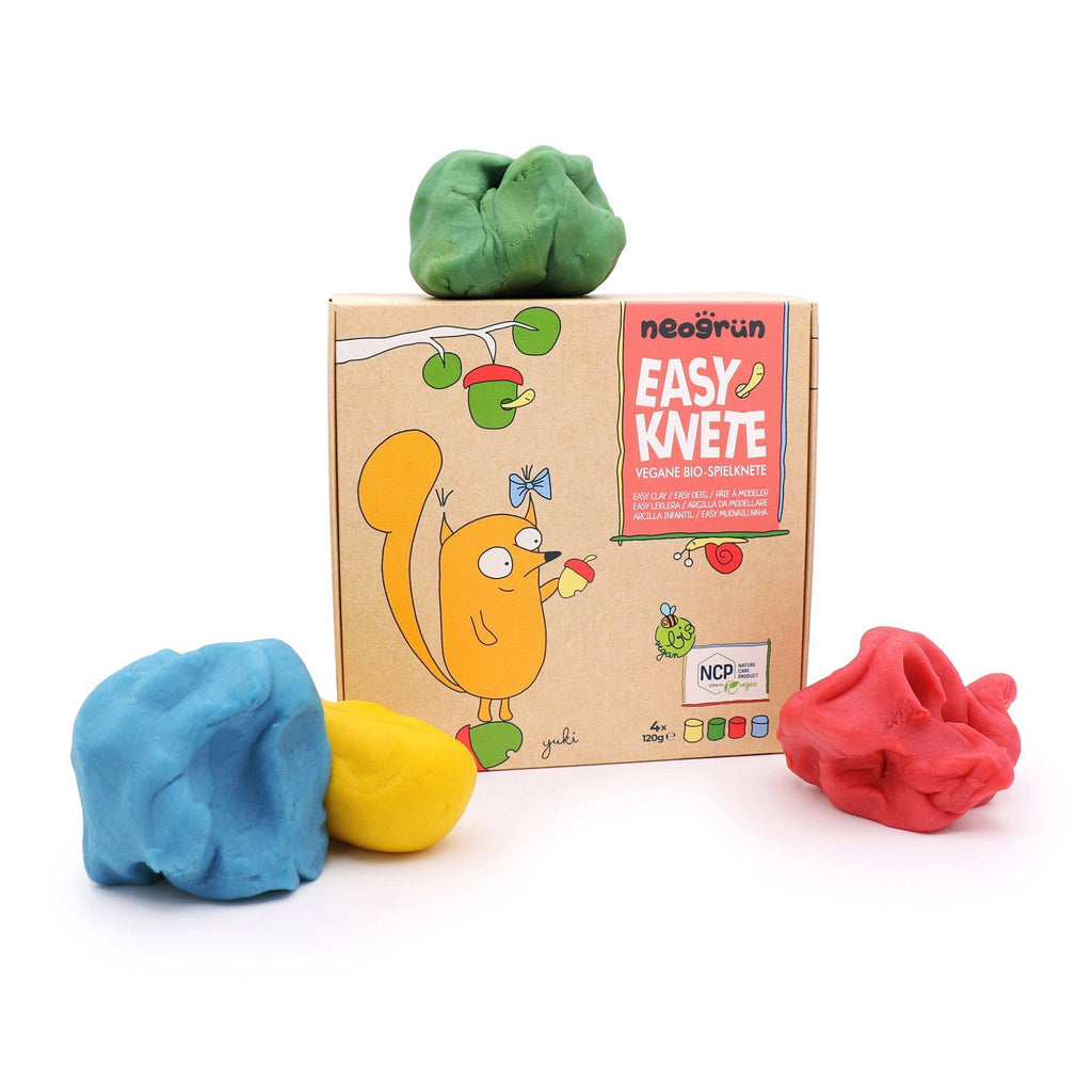 1. Neogrün Easy Clay set with yellow, green, red, and blue clay displayed around the packaging featuring a cartoon squirrel design