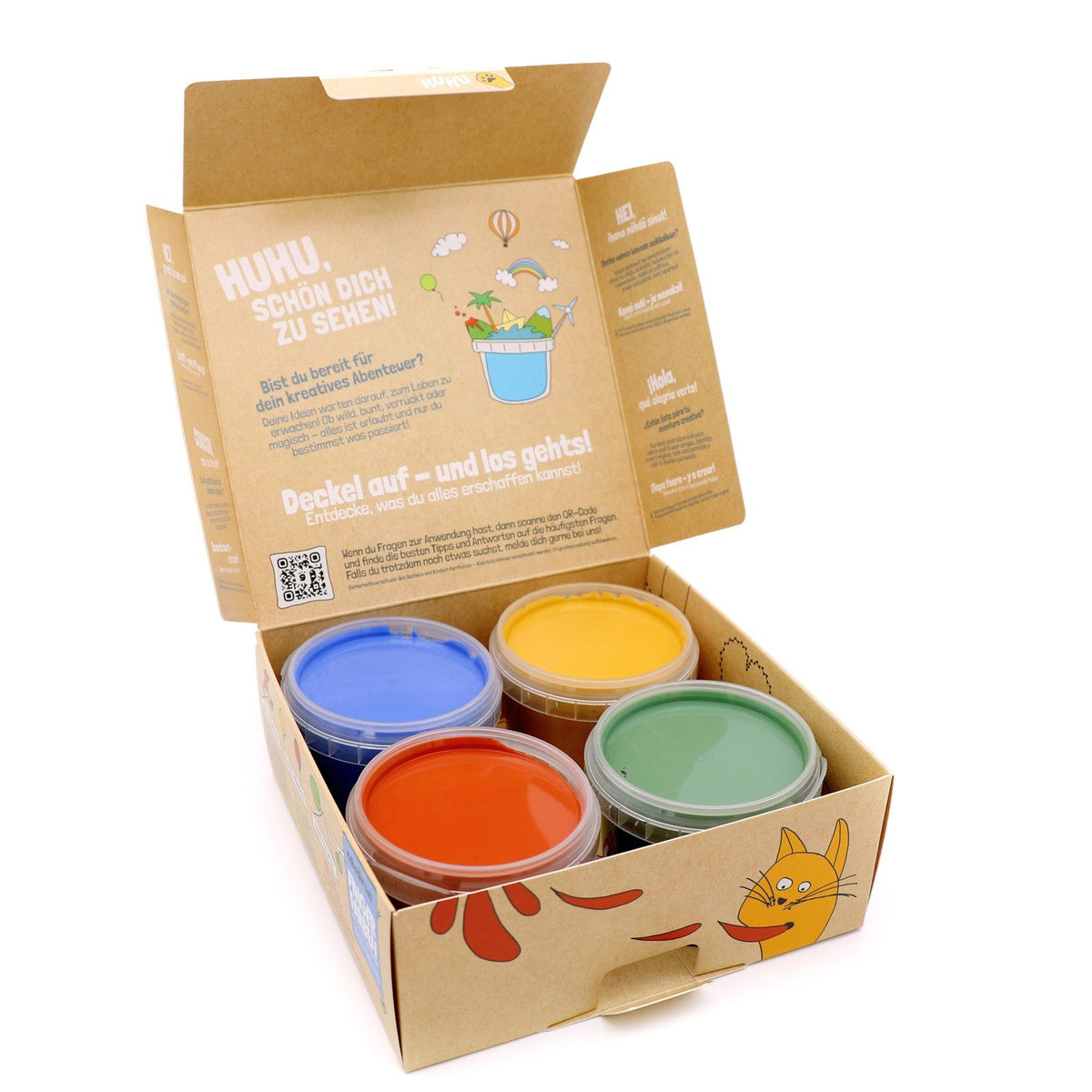7. Neogrün finger paint set with open box showing four jars in blue, yellow, red, and green