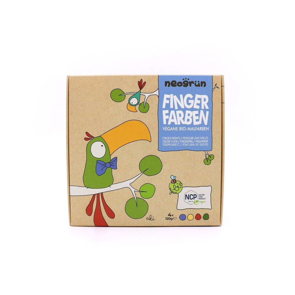 8. Neogrün finger paint set with spilled green paint and open jars in red, blue, and yellow