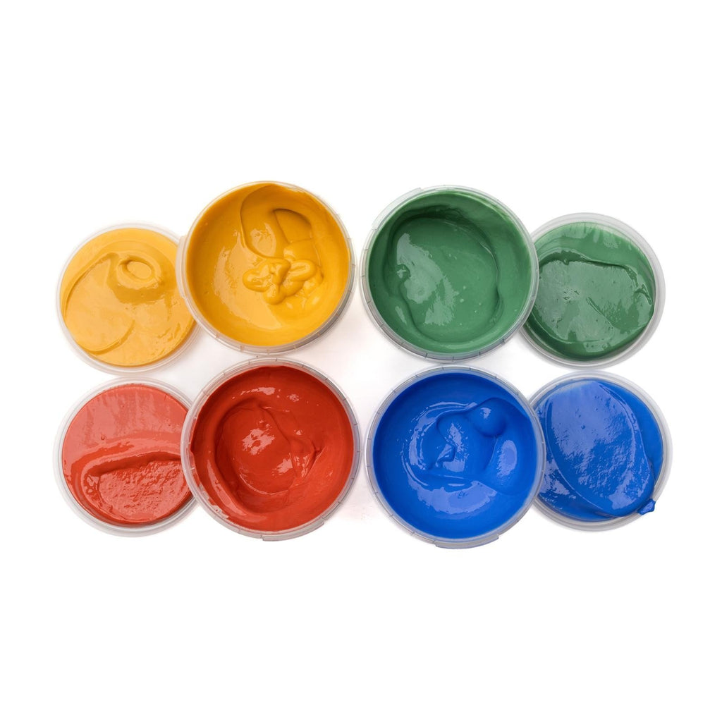 4. Flat lay of Neogrün finger paint jars open, showing vibrant colors in blue, yellow, red, and green