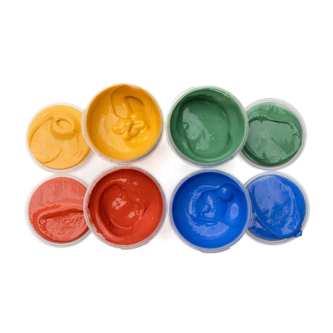 4. Flat lay of Neogrün finger paint jars open, showing vibrant colors in blue, yellow, red, and green