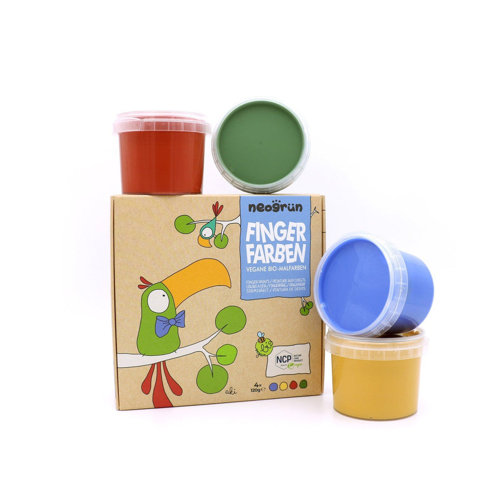 2. Neogrün finger paint set with four jars in blue, yellow, red, and green on a white background