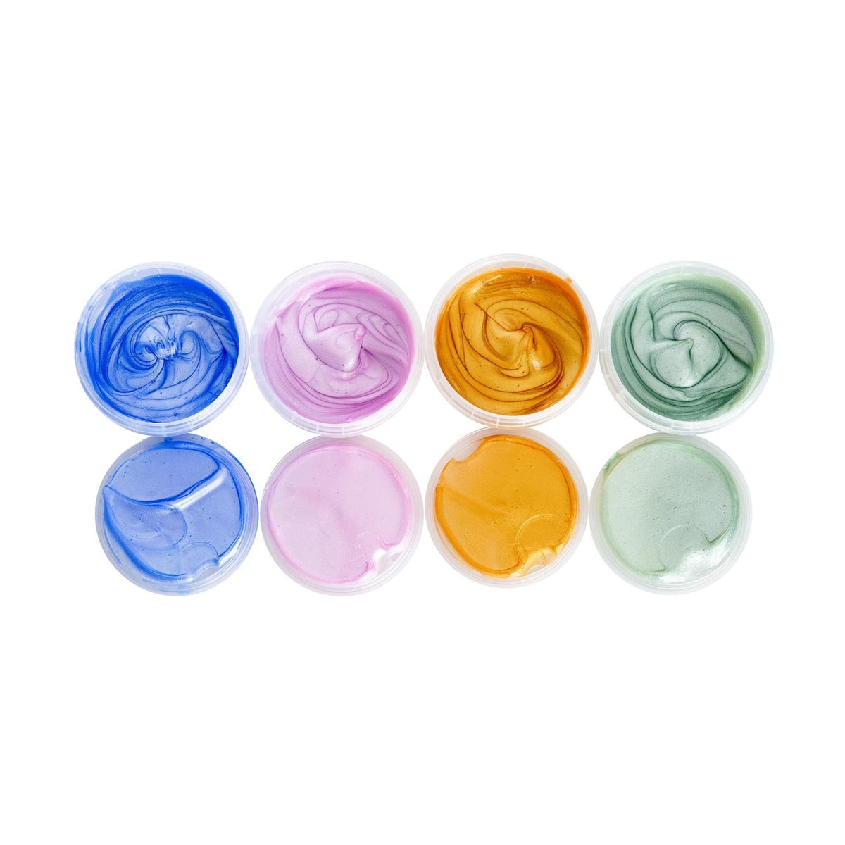4. Top view of Neogrün glitter finger paints in Rose Quartz, Sapphire, Jade, and Gold colors in open containers