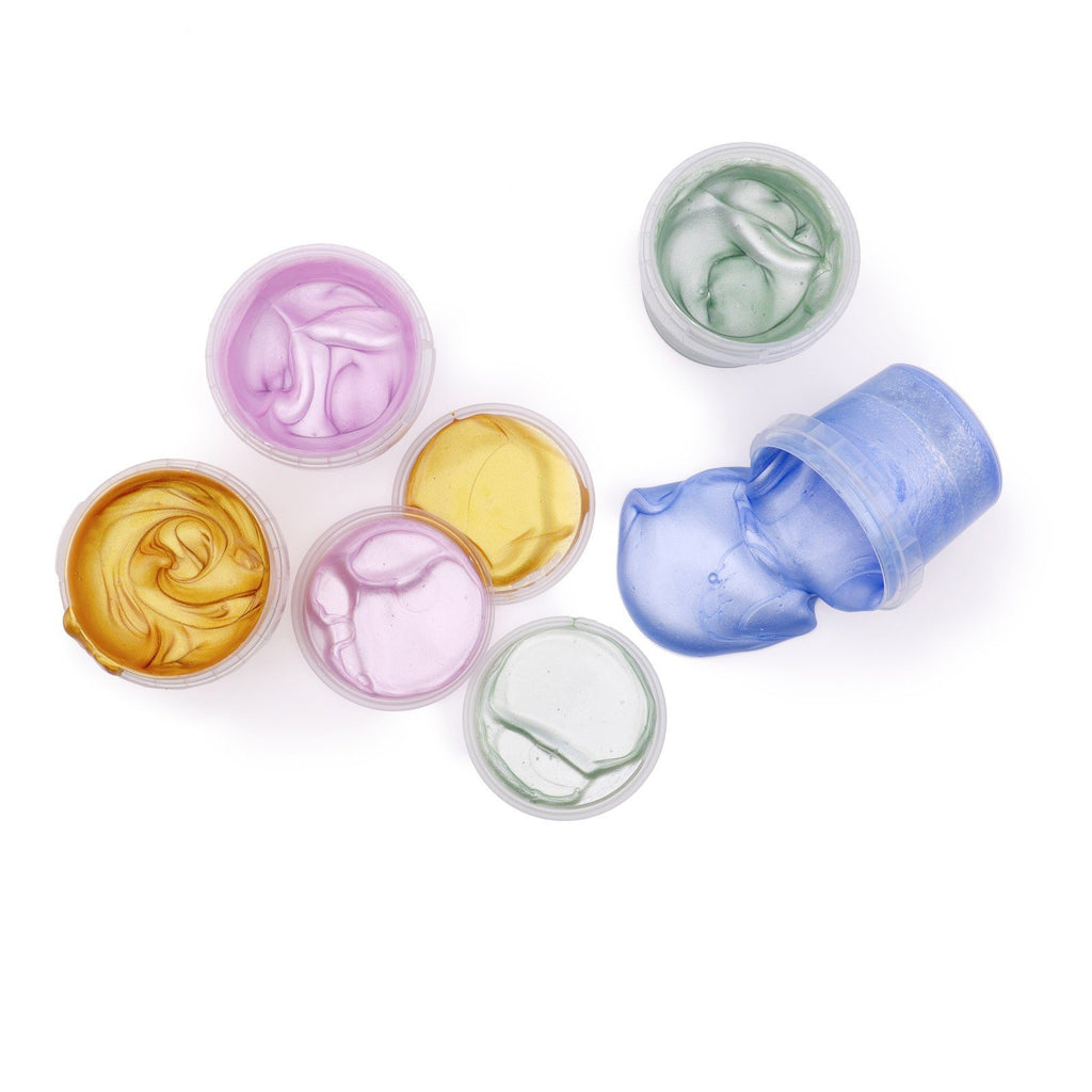 7. Assorted Neogrün glitter finger paints in open containers with spilled Sapphire color on white background