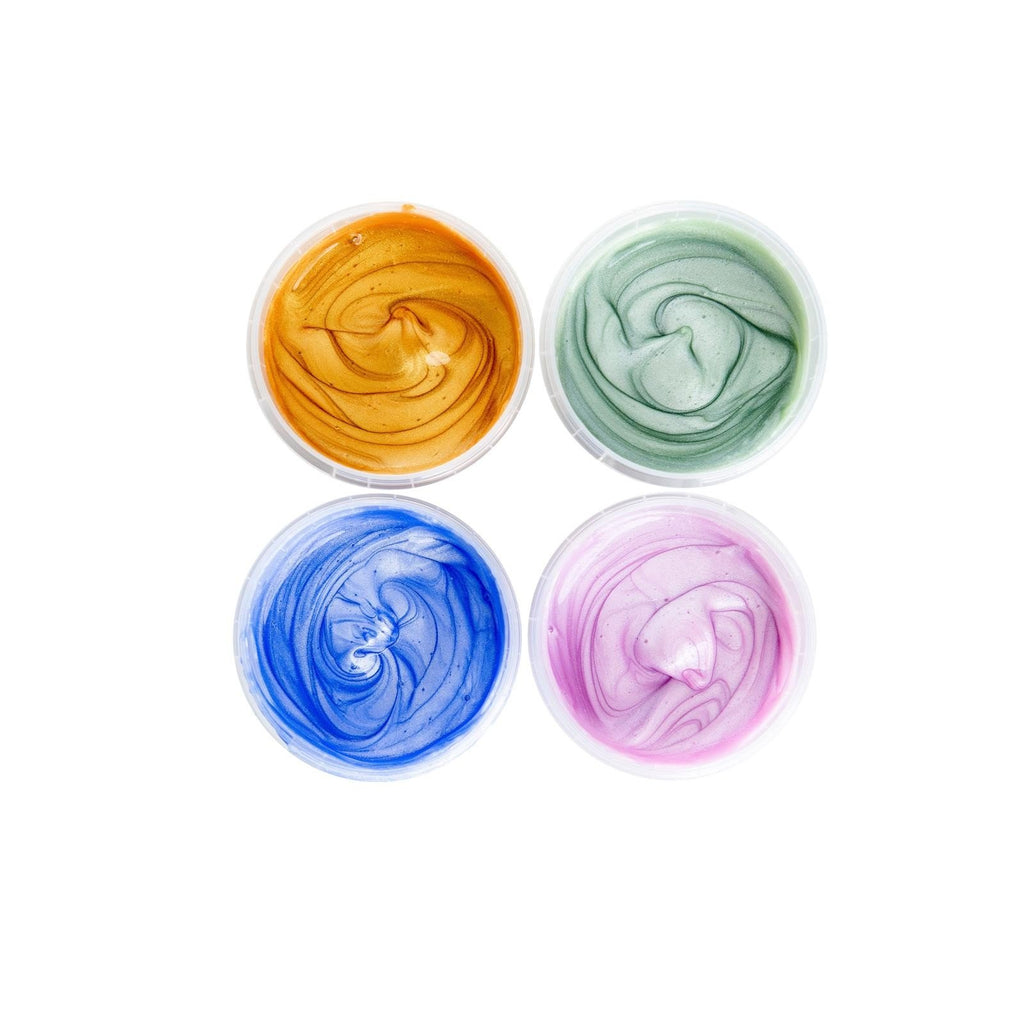 5. Close-up of Neogrün glitter finger paints in open containers showing swirling textures of Rose Quartz, Sapphire, Jade, and Gold