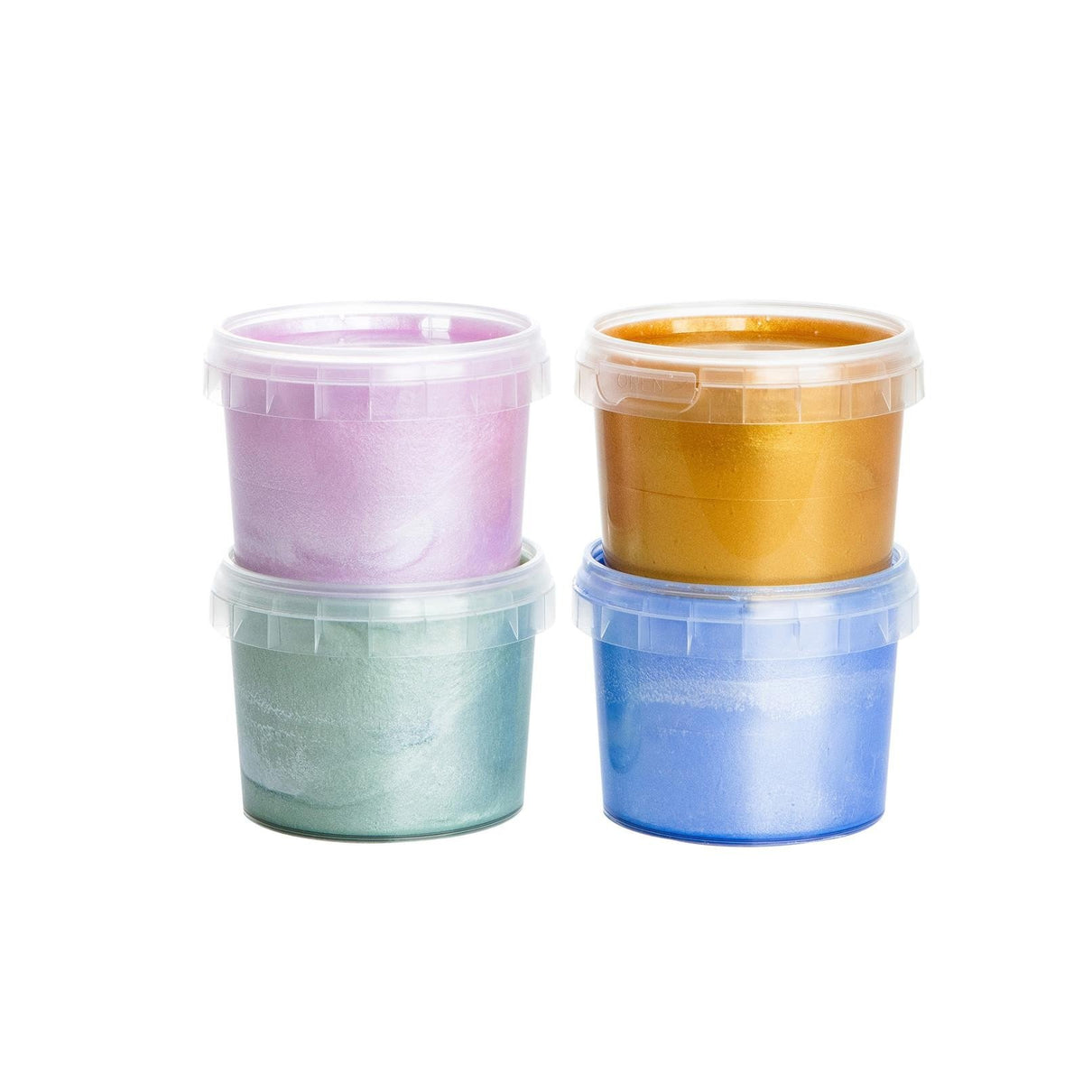 2. Four Neogrün glitter finger paint containers stacked, showing Rose Quartz, Sapphire, Jade, and Gold colors with clear lids