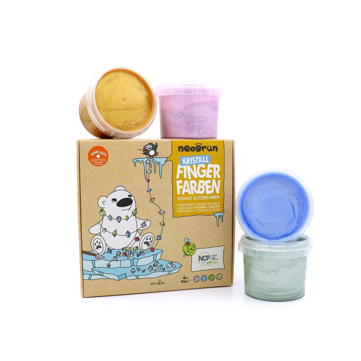 8. Neogrün finger paint set with stacked containers of Rose Quartz, Sapphire, Jade, and Gold next to illustrated box