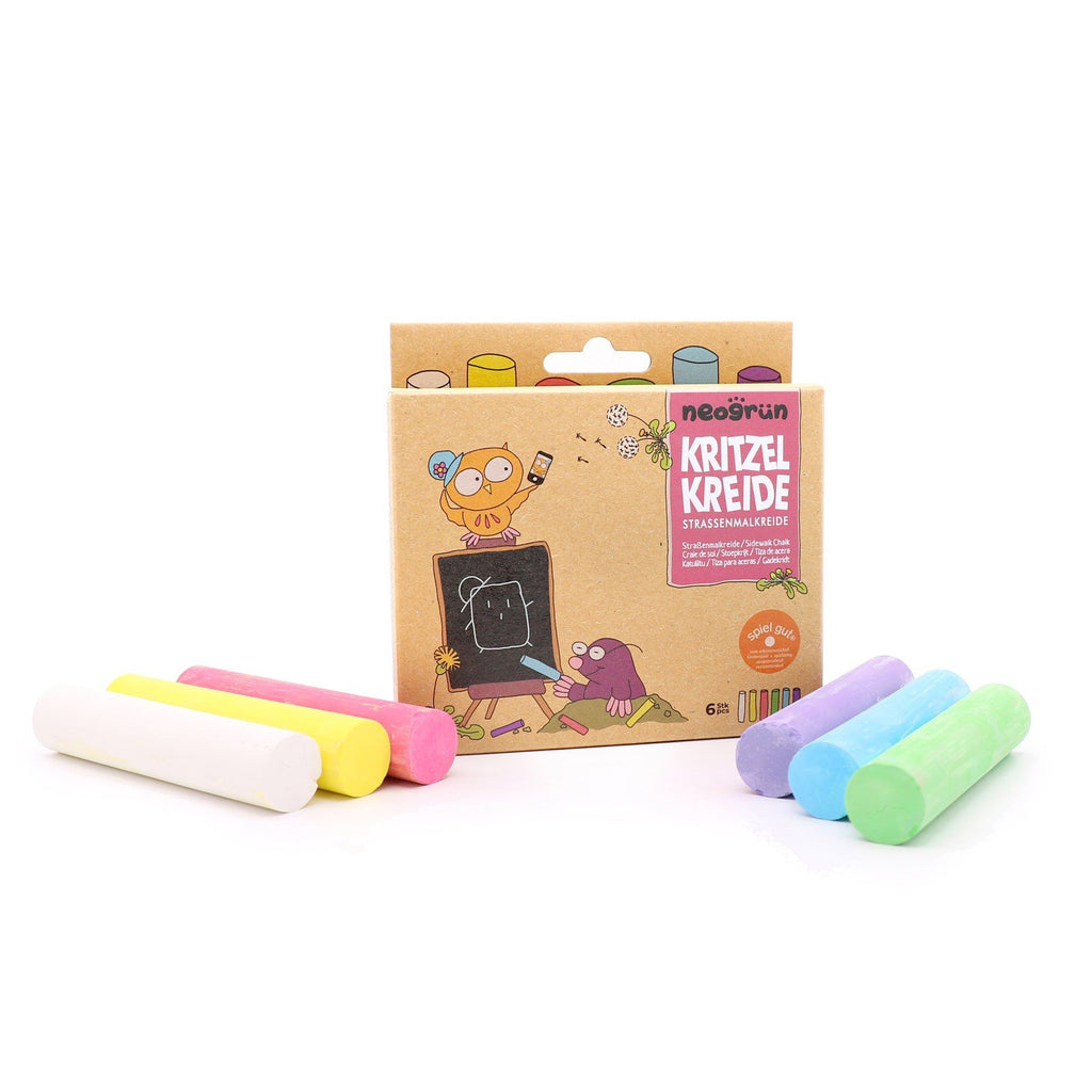 6. Neogrün chalks set with open box and six chalks in white, yellow, red, green, blue, and violet arranged in front