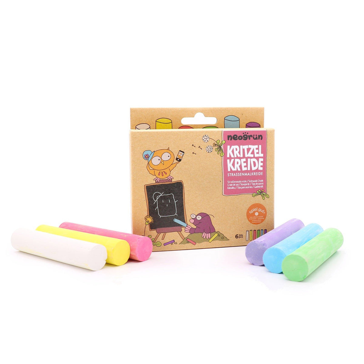 6. Neogrün chalks set with open box and six chalks in white, yellow, red, green, blue, and violet arranged in front