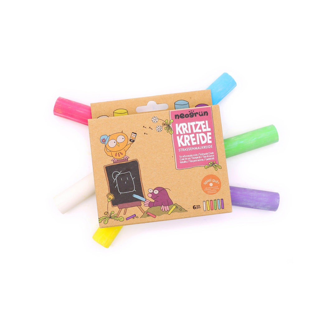 1. Neogrün organic street chalks set with colorful packaging and six chalks in white, yellow, red, green, blue, and violet displayed around the box