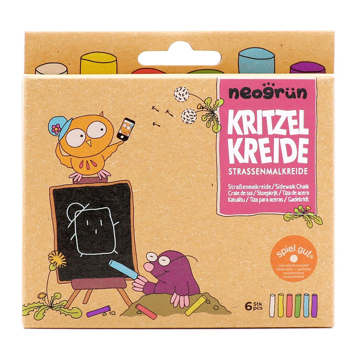 4. Neogrün street chalks packaging featuring playful illustrations and product details in multiple languages