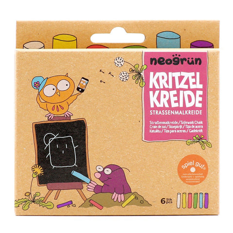 4. Neogrün street chalks packaging featuring playful illustrations and product details in multiple languages